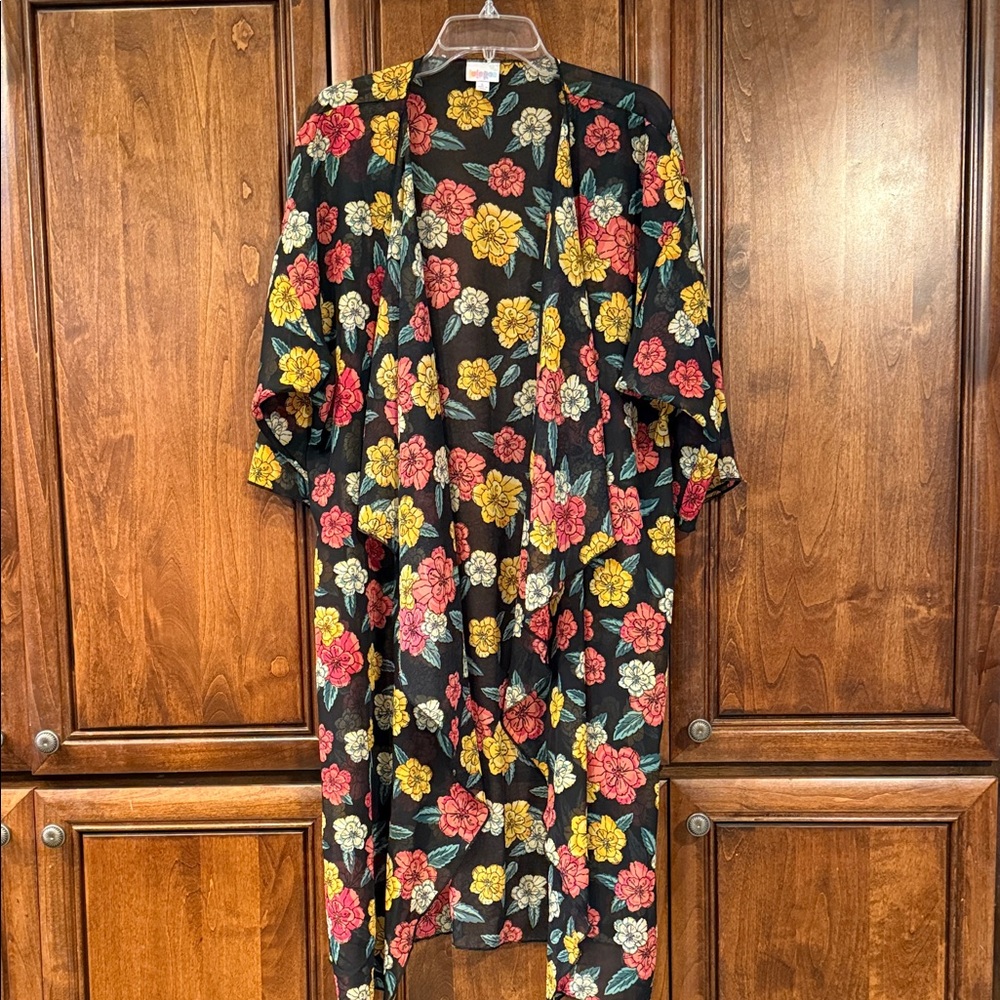 LuLaRoe Shirley Black Kimono with Red and Yellow Floral Design